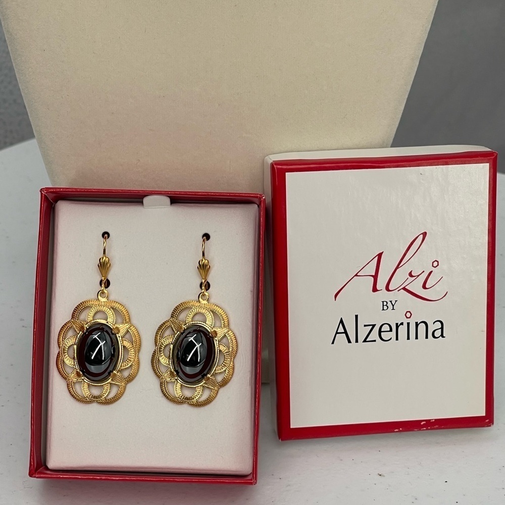 Alzerina Magnolia Earrings Jet 24kt Gold Plated Filigree Austrian Crystal Alzi